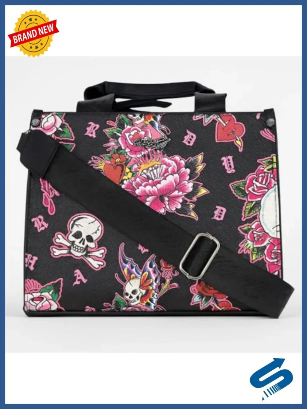 Vintage Tattoo Floral Skull Print Crossbody Bag with Adjustable Strap